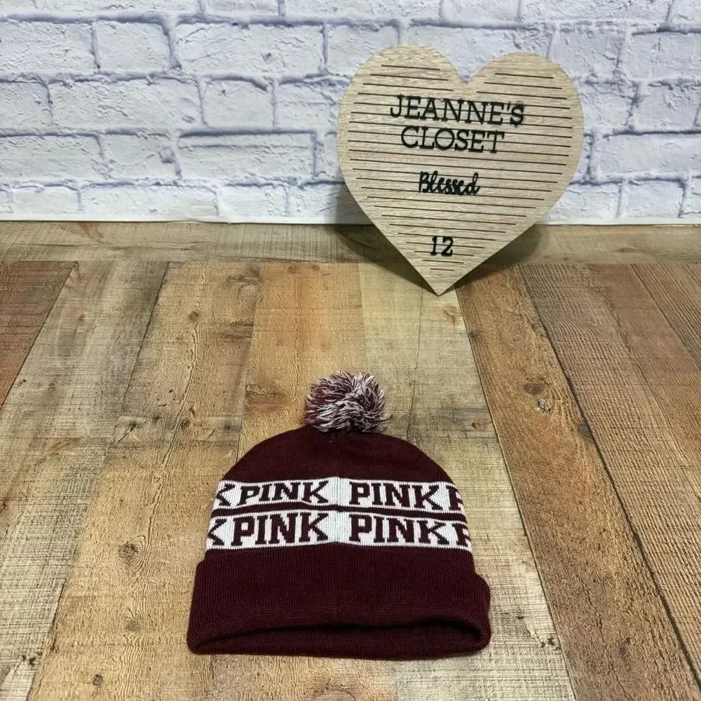 Victoria’s Secret PINK Beanie Pompom Hat Maroon Holiday Wine